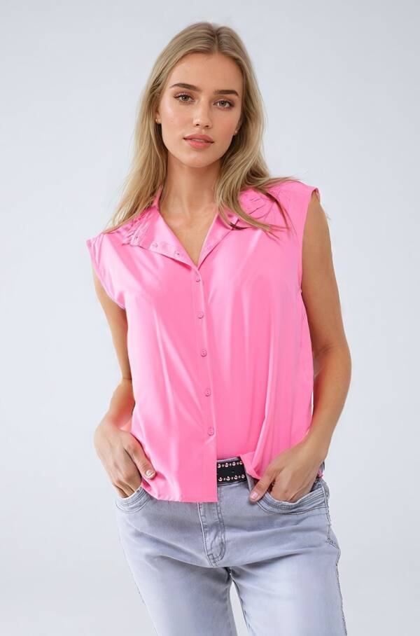 Blusa abotonada rosa sin mangas con cuello mao