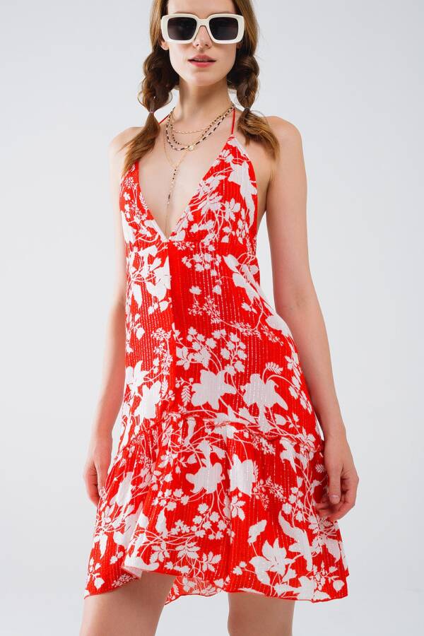 Vestido corto rojo con estampado floral boho con detalle de lurex