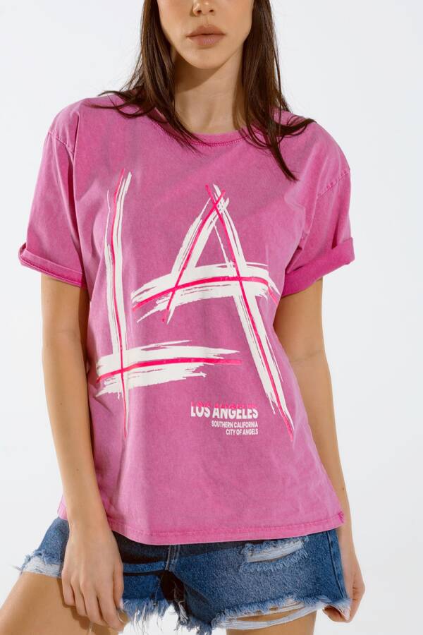 Camiseta oversize fucsia estampada LA Los Angeles en blanco y fucsia