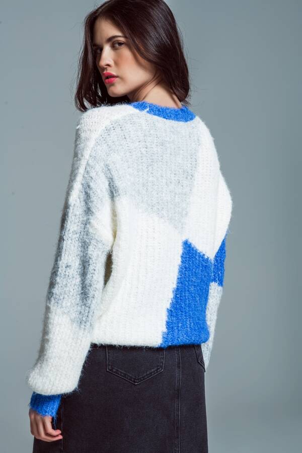 Jersey oversize color block en canal? grueso azul y blanco