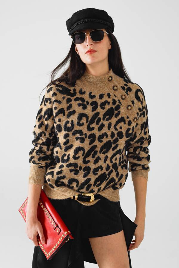 Jersey de punto de leopardo con botones laterales